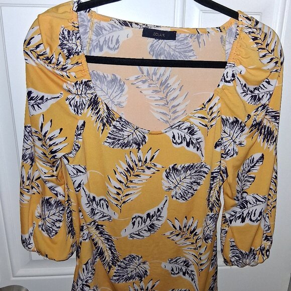 Eclair Yellow Blouse with Leaf Print, Scoop Neck - Sz 6 - Picture 5 of 10